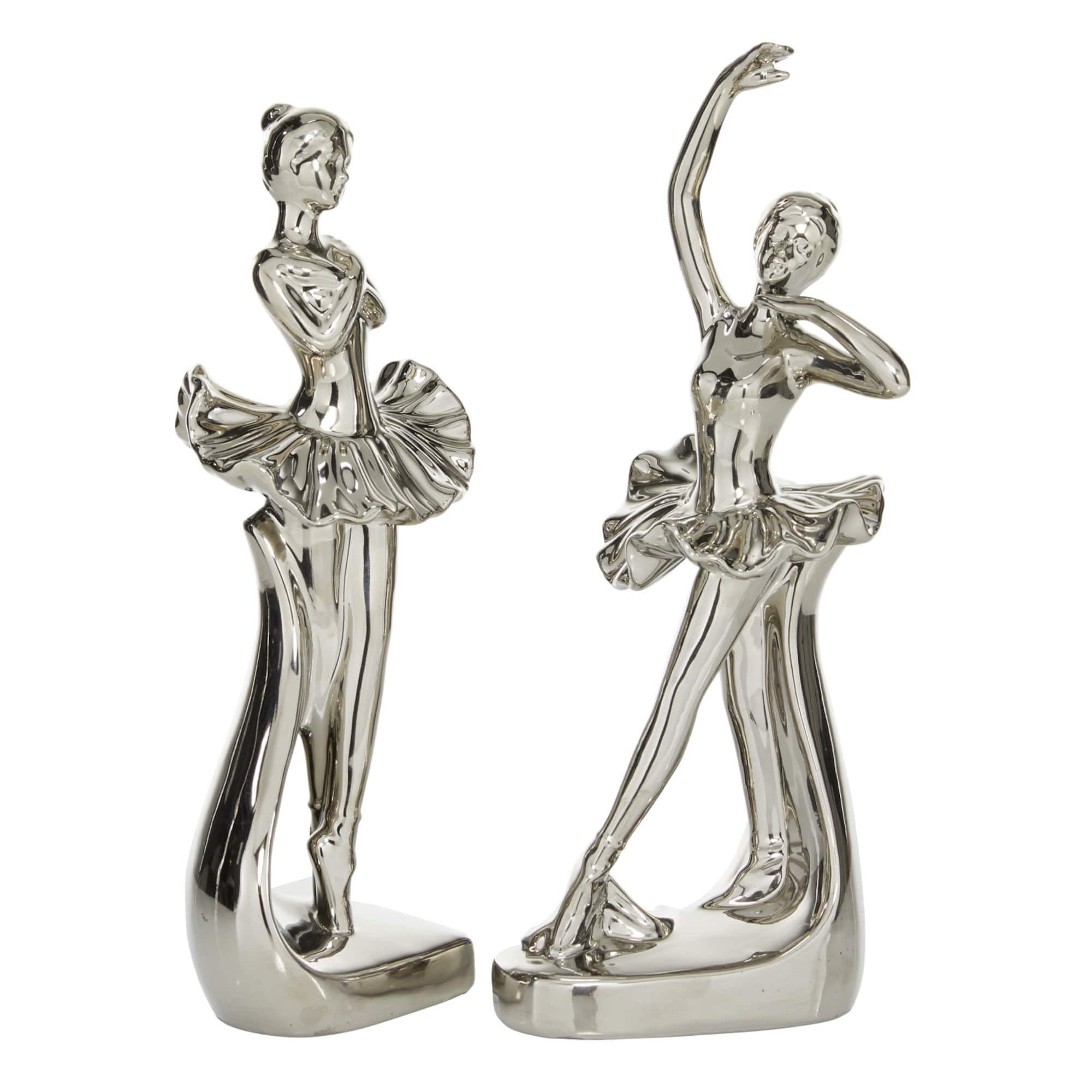 Set of 2 Silver Porcelain Glam Dancer Sculpture, 4" x 11"
